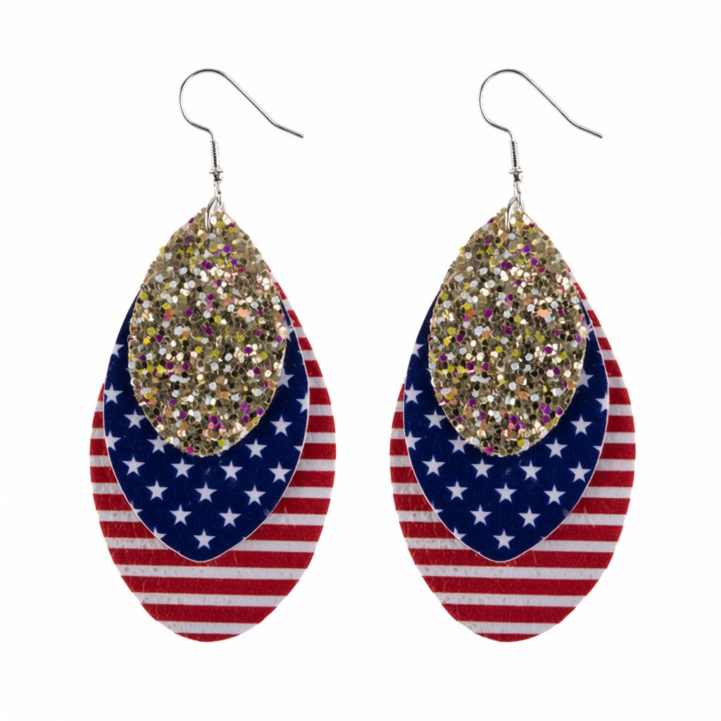 Blue Polystyrene and Silver-Plated Stars Stripes Triple Drop Earrings, silver drop earrings for women, side view