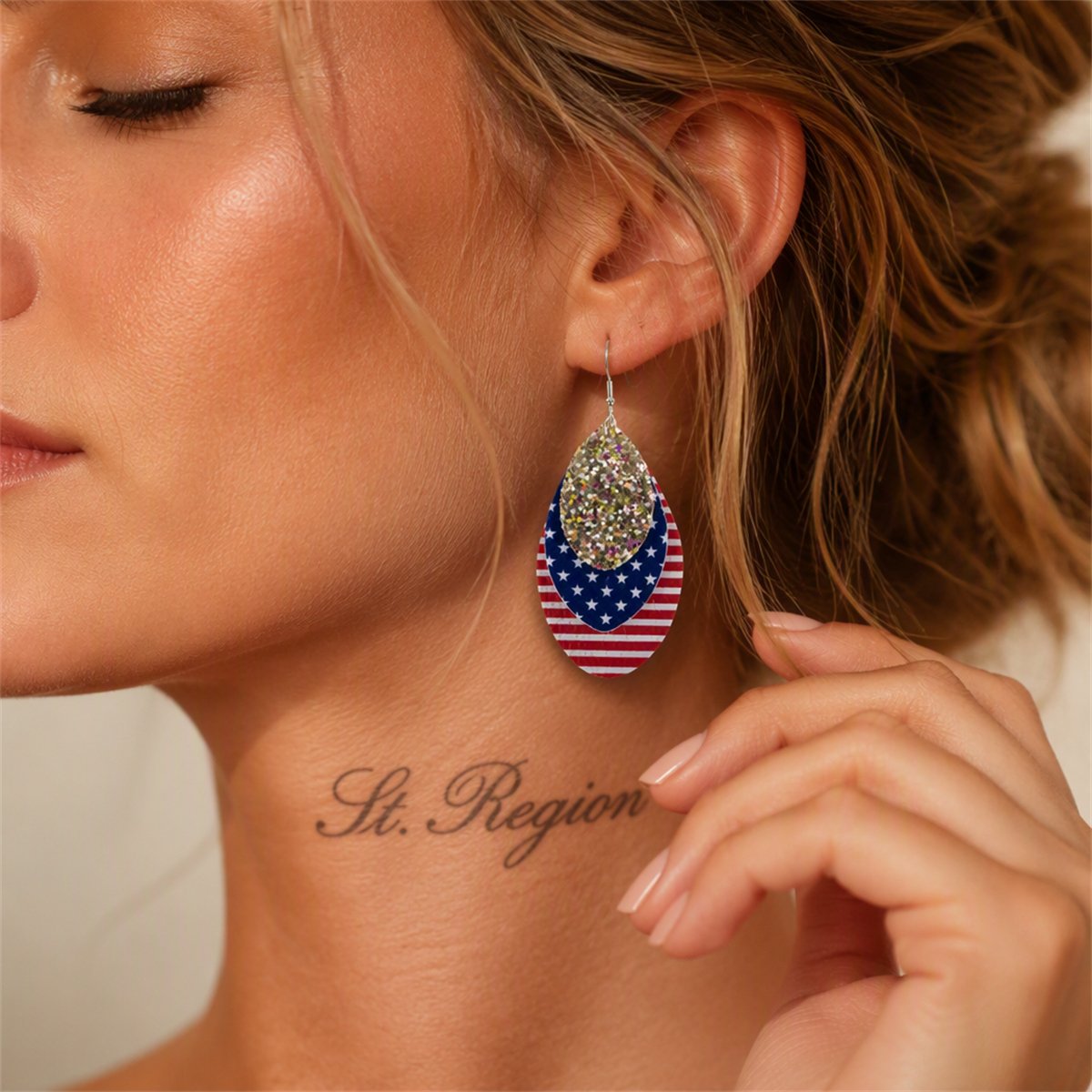 Blue Polystyrene and Silver-Plated Stars Stripes Triple Drop Earrings, silver drop earrings for women, styled look