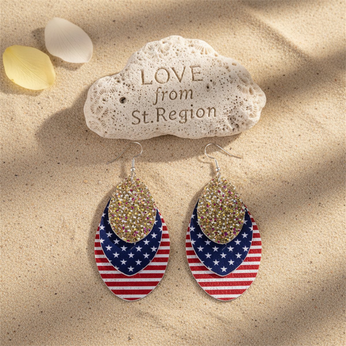 Blue Polystyrene and Silver-Plated Stars Stripes Triple Drop Earrings, silver drop earrings for women, lifestyle look