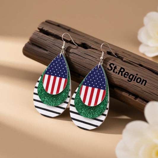 Navy and Green Polystyrene Glitter Patriotic Triple Drop Earrings, drop earrings for women, front view