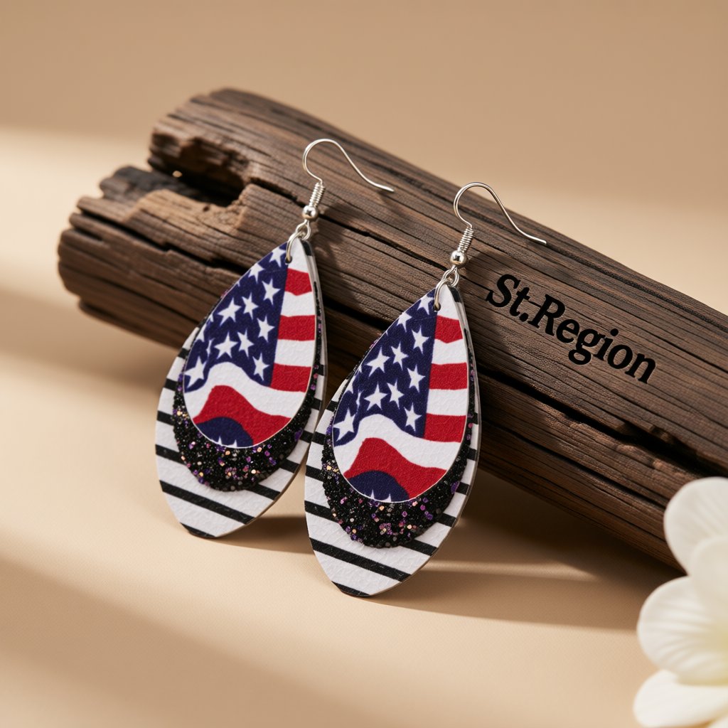 White and Blue Polystyrene Stars and Stripes Glitter Double Drop Earrings, drop earrings for women, front view