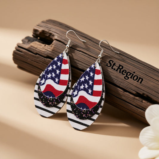 White and Blue Polystyrene Stars and Stripes Glitter Double Drop Earrings, drop earrings for women, front view