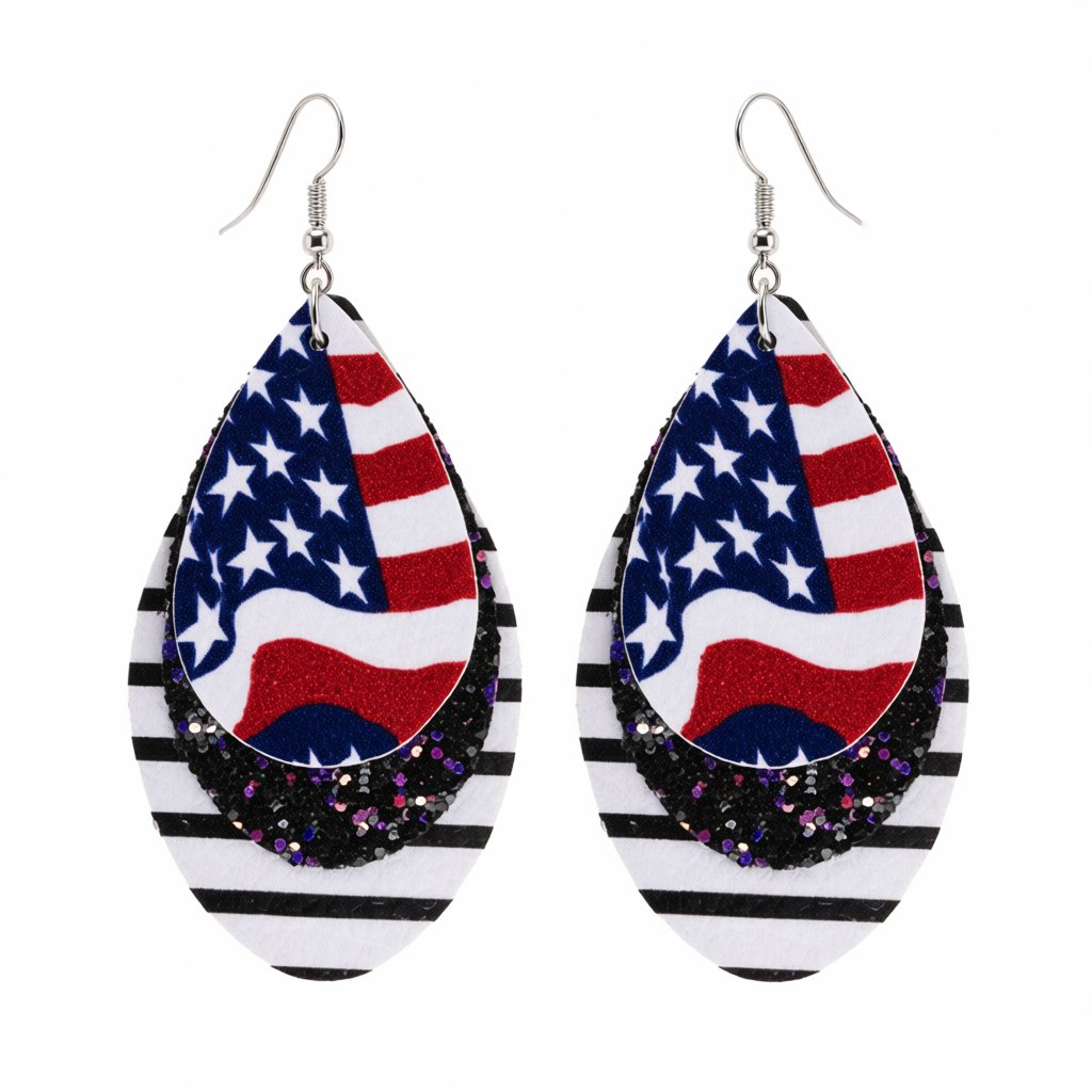 White and Blue Polystyrene Stars and Stripes Glitter Double Drop Earrings, drop earrings for women, side view