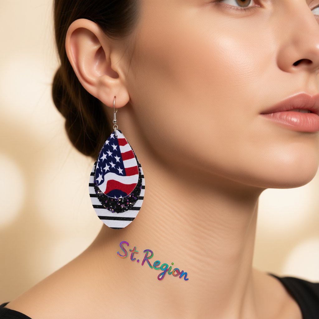 White and Blue Polystyrene Stars and Stripes Glitter Double Drop Earrings, drop earrings for women, styled look