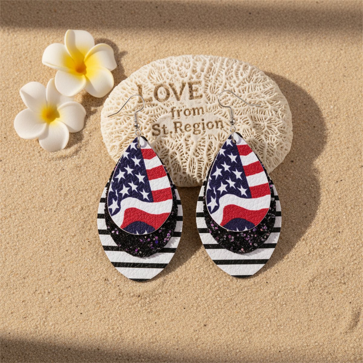 White and Blue Polystyrene Stars and Stripes Glitter Double Drop Earrings, drop earrings for women, lifestyle look