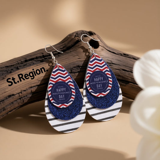 White and Navy Polystyrene Glitter '4Th Of July' Triple Drop Earrings, drop earrings for women, front view