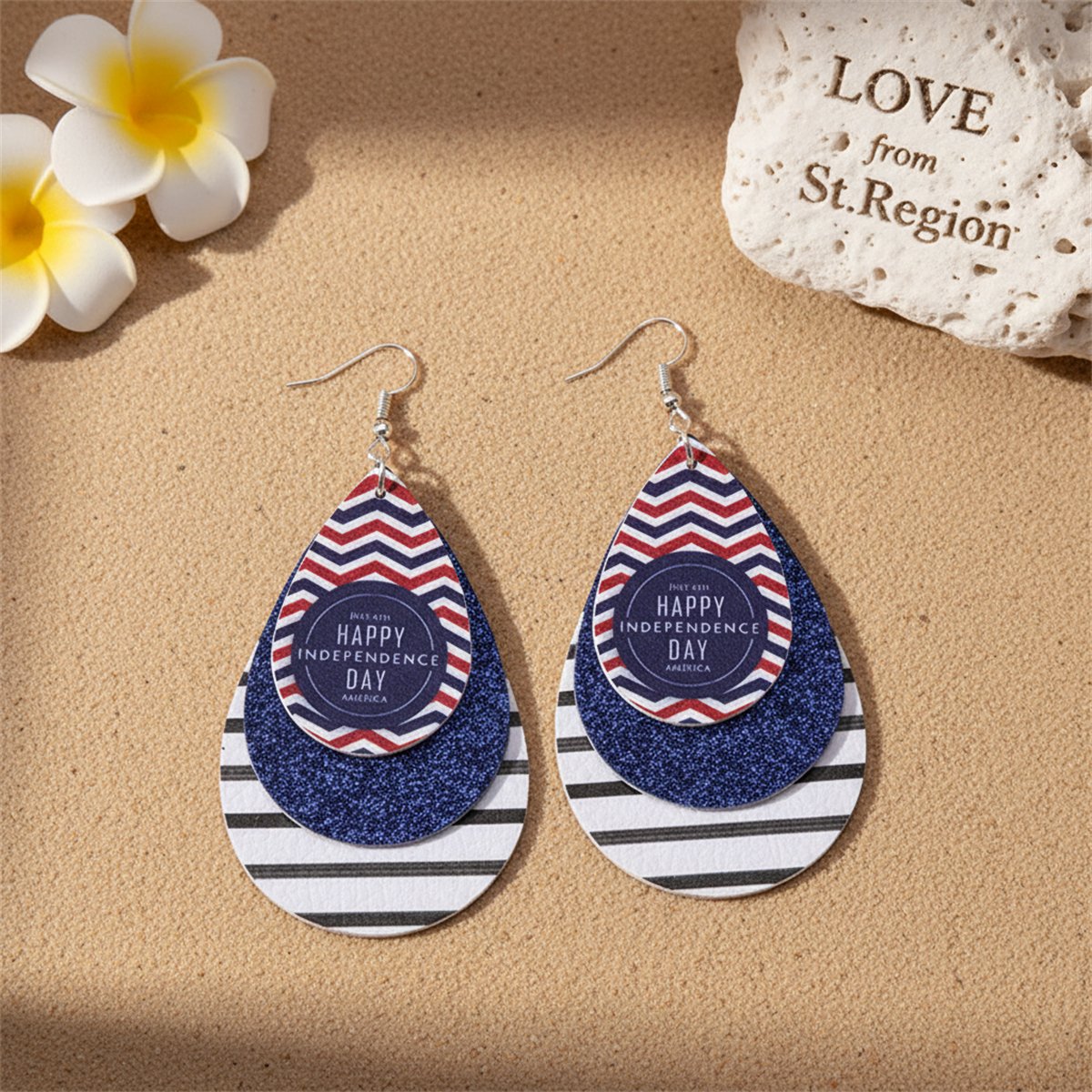 White and Navy Polystyrene Glitter '4Th Of July' Triple Drop Earrings, drop earrings for women, lifestyle look