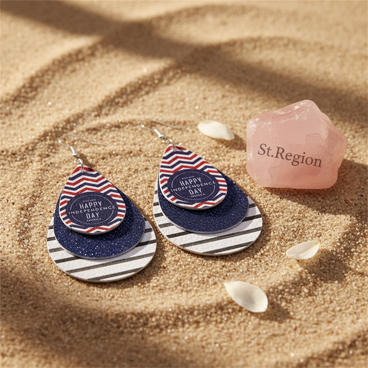 White and Navy Polystyrene Glitter '4Th Of July' Triple Drop Earrings, drop earrings for women, detail close-up