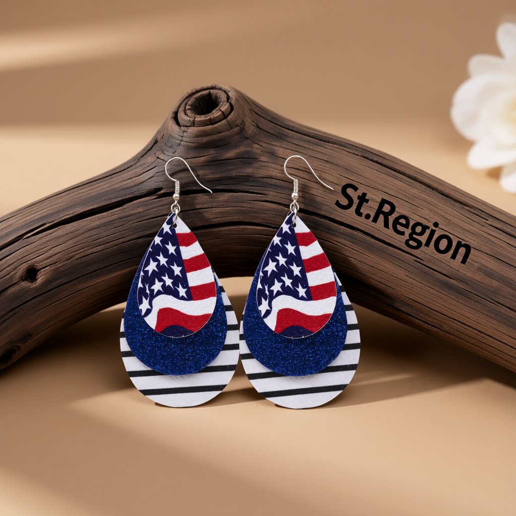 Navy and White Polystyrene Glitter Patriotic Triple Drop Earrings, drop earrings for women, front view
