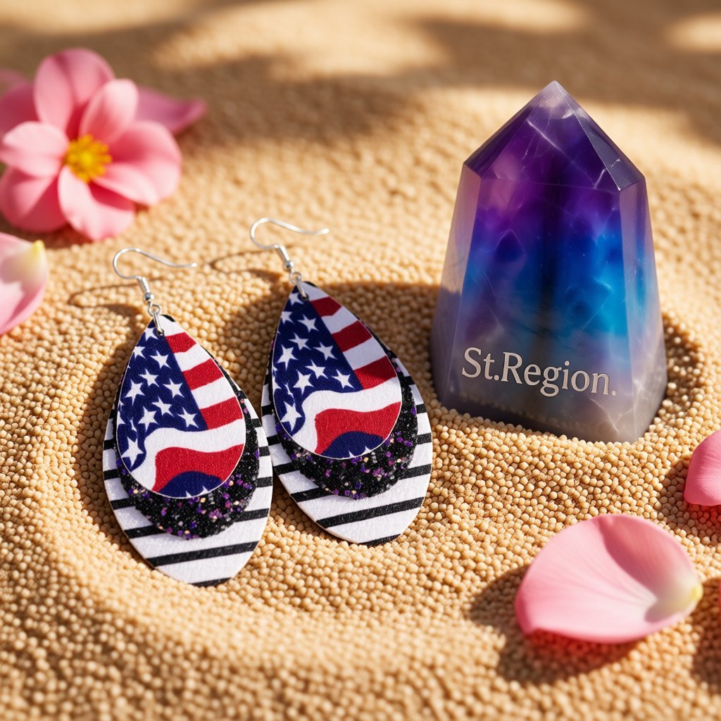 Navy and White Polystyrene Glitter Patriotic Triple Drop Earrings, drop earrings for women, detail close-up