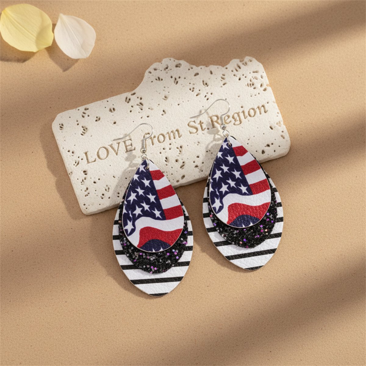 Navy and White Polystyrene Glitter Patriotic Triple Drop Earrings, drop earrings for women, lifestyle look
