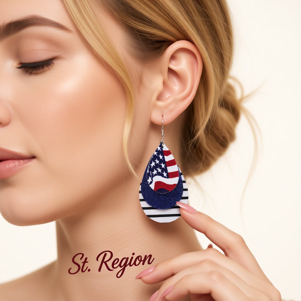 Navy and White Polystyrene Glitter Patriotic Triple Drop Earrings, drop earrings for women, styled look