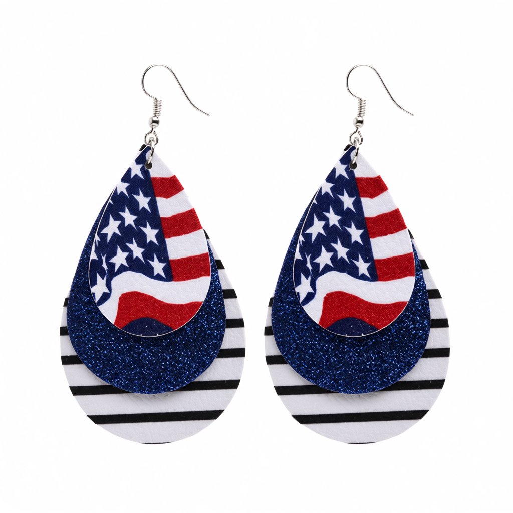 Navy and White Polystyrene Glitter Patriotic Triple Drop Earrings, drop earrings for women, side view