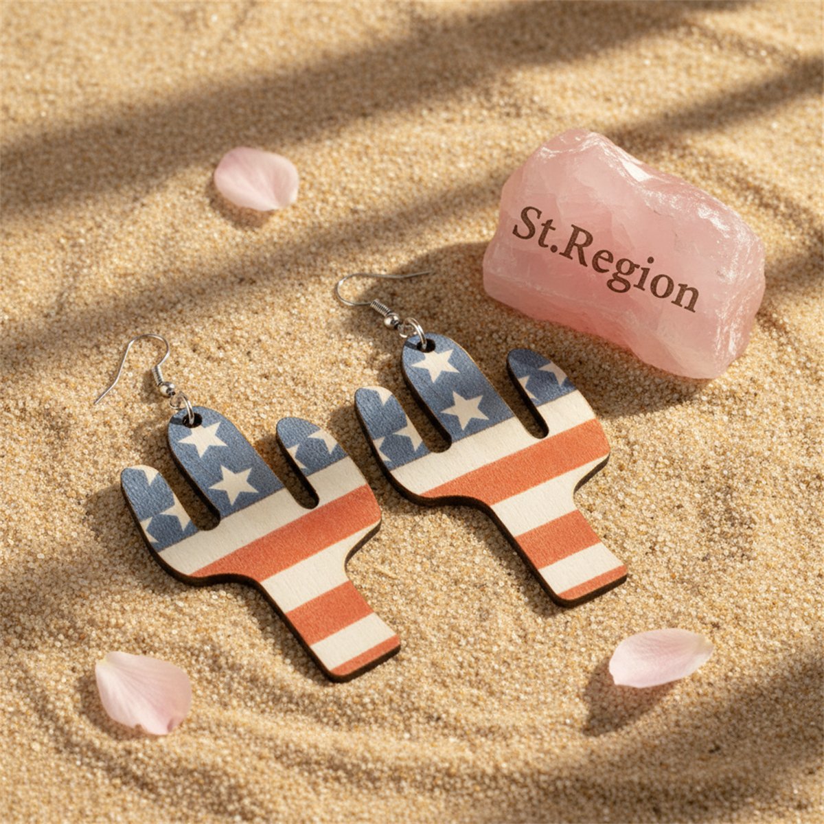 Blue and Red Polystyrene Stars and Stripes Cactus Drop Earrings, drop earrings for women, everyday style, detail close-up