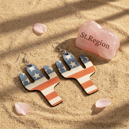 Blue and Red Polystyrene Stars and Stripes Cactus Drop Earrings, drop earrings for women, everyday style, detail close-up