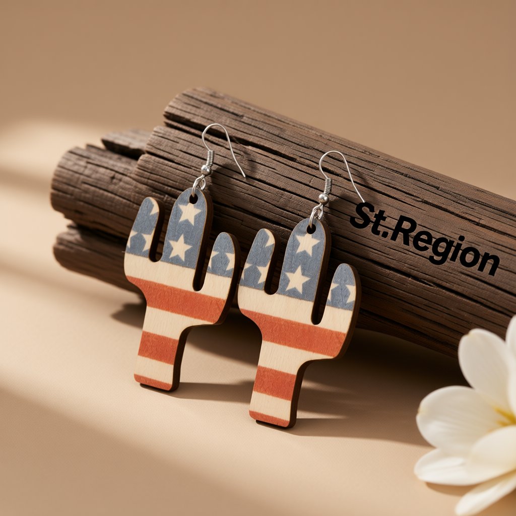 Blue and Red Polystyrene Stars and Stripes Cactus Drop Earrings, drop earrings for women, everyday style, front view