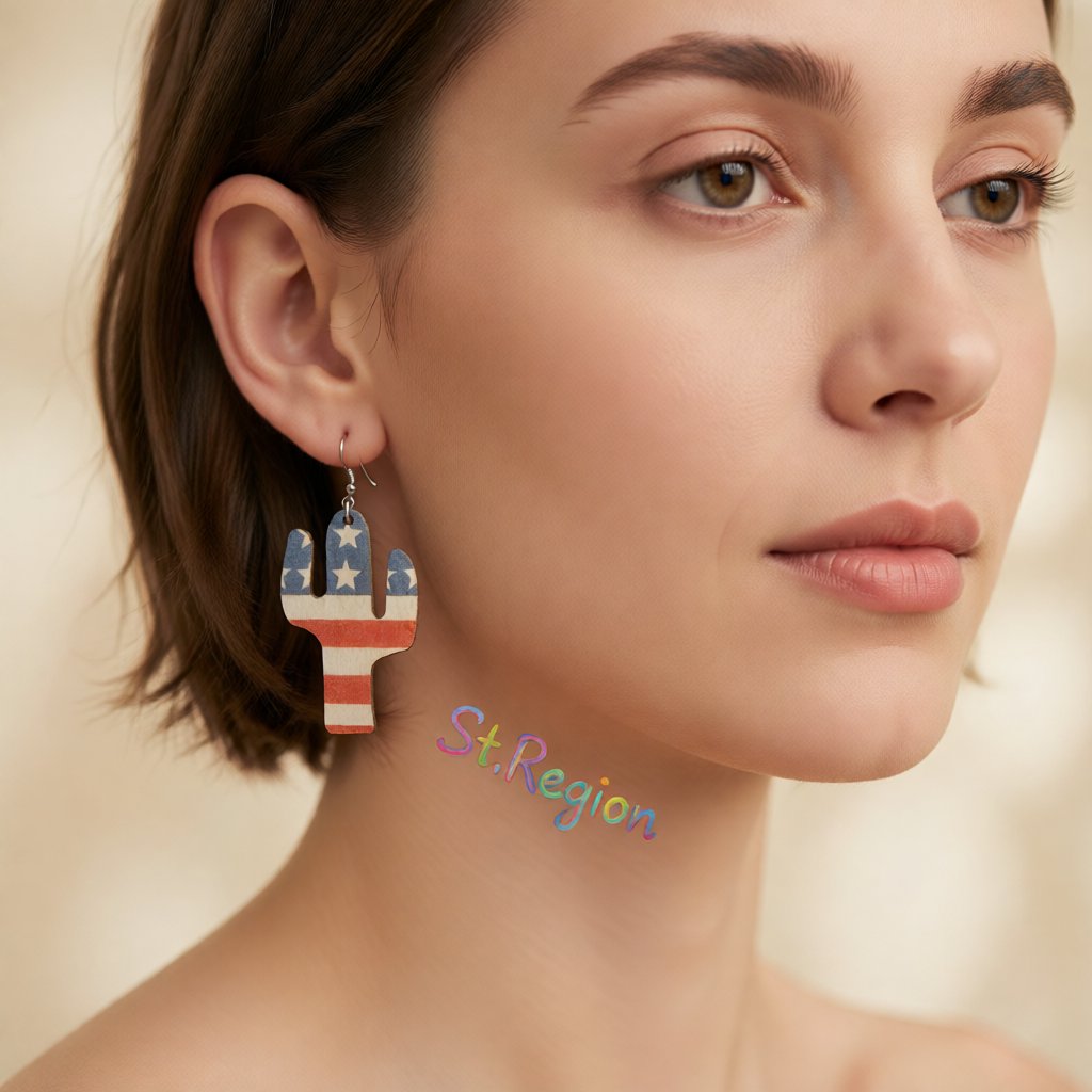 Blue and Red Polystyrene Stars and Stripes Cactus Drop Earrings, drop earrings for women, everyday style, styled look