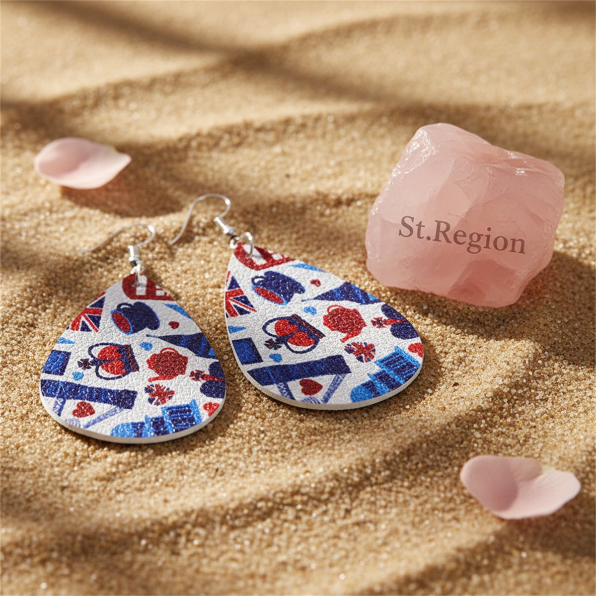 White and Red Polystyrene Anglophile Teardrop Drop Earrings, drop earrings for women, detail close-up