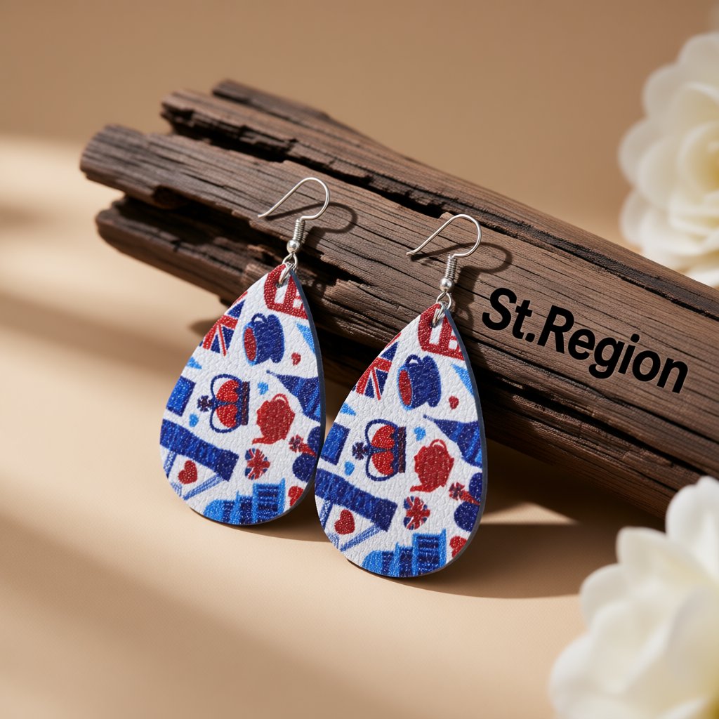 White and Red Polystyrene Anglophile Teardrop Drop Earrings, drop earrings for women, elegant gift for her, front view