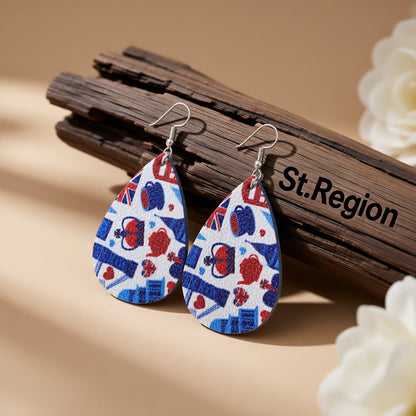 White and Red Polystyrene Anglophile Teardrop Drop Earrings, drop earrings for women, elegant gift for her, front view