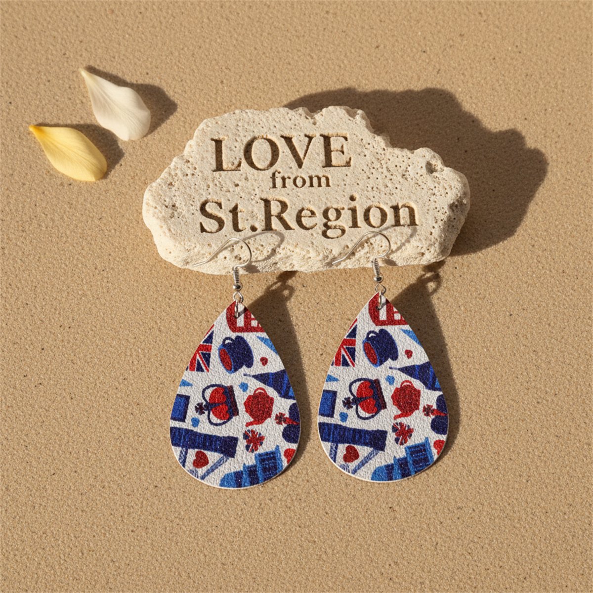 White and Red Polystyrene Anglophile Teardrop Drop Earrings, drop earrings for women, lifestyle look