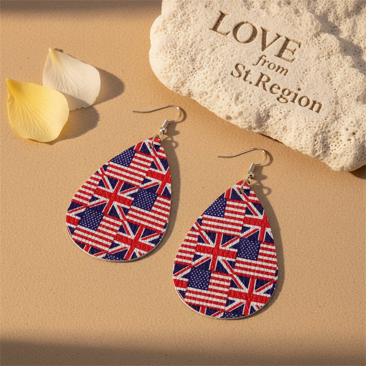 Blue and Red Polystyrene USA and UK Flag Teardrop Drop Earrings, drop earrings for women, lifestyle look