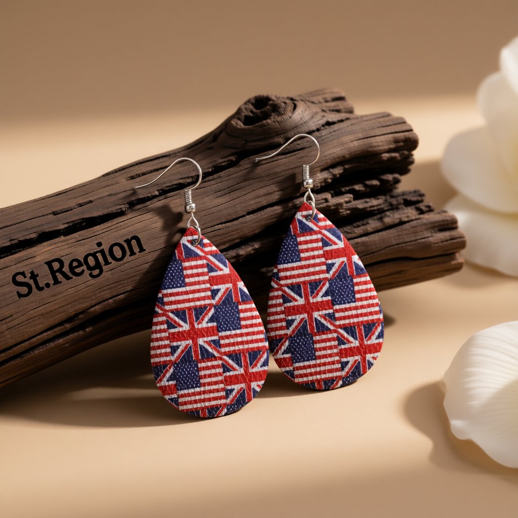 Blue and Red Polystyrene USA and UK Flag Teardrop Drop Earrings, drop earrings for women, vintage-inspired design, front view