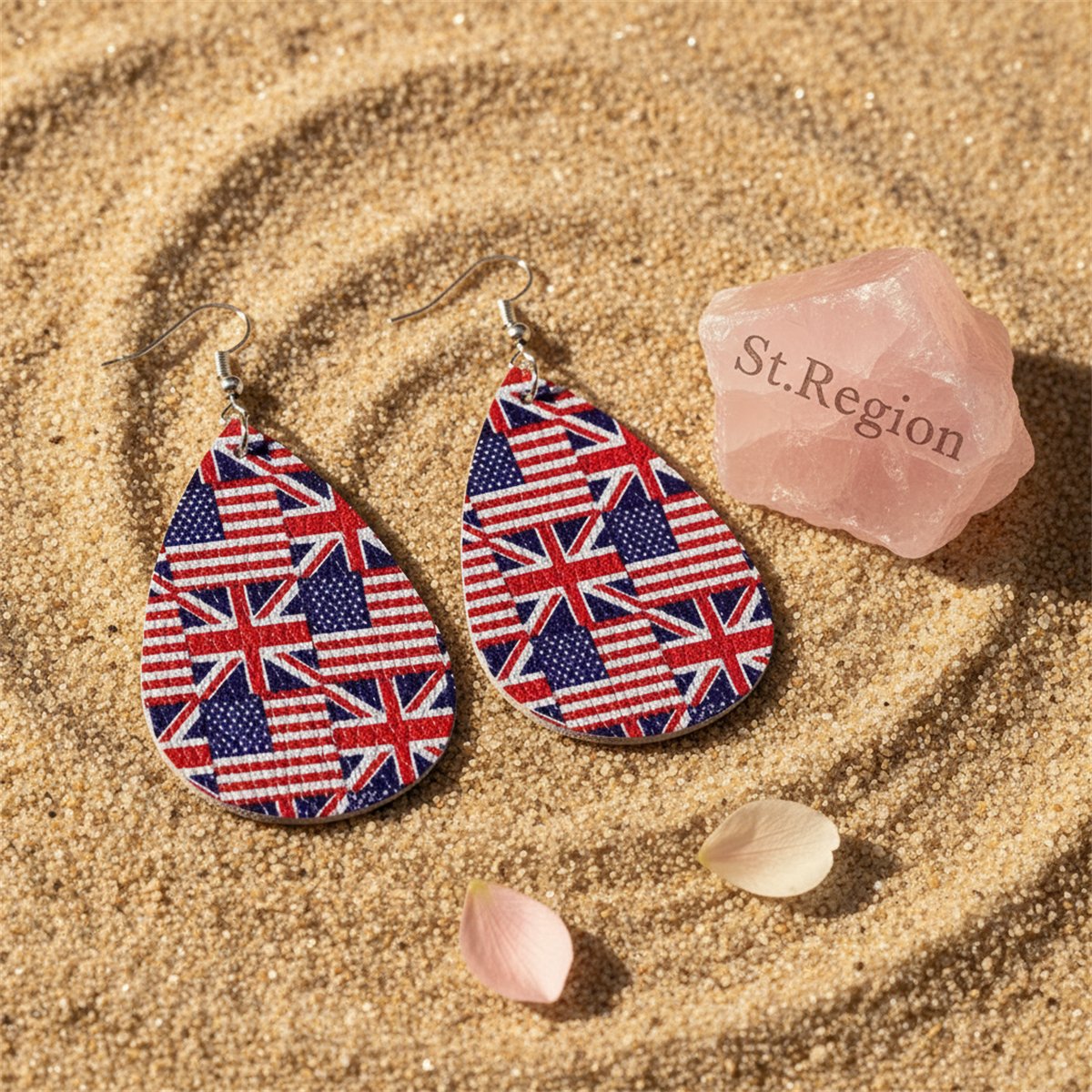 Blue and Red Polystyrene USA and UK Flag Teardrop Drop Earrings, drop earrings for women, detail close-up
