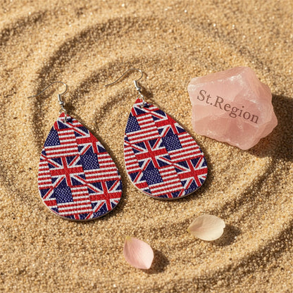Blue and Red Polystyrene USA and UK Flag Teardrop Drop Earrings, drop earrings for women, detail close-up