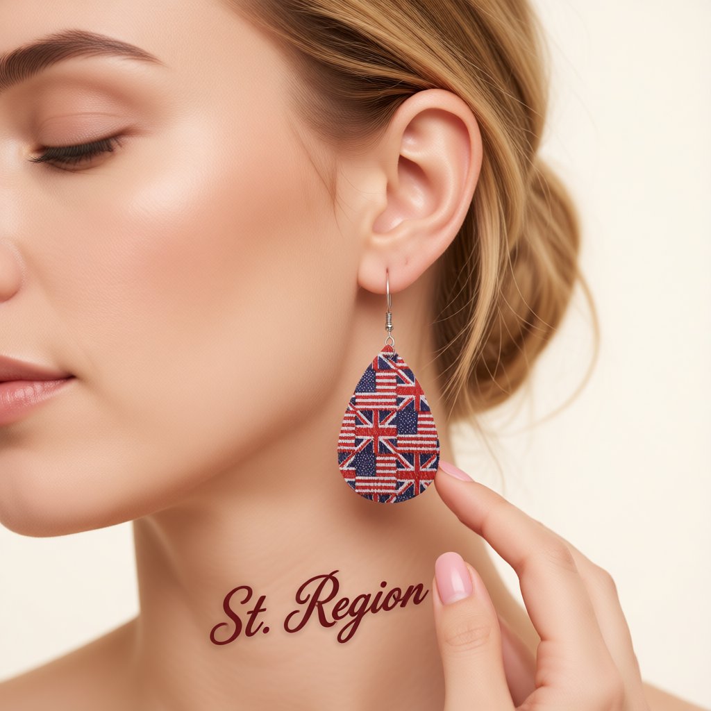 Blue and Red Polystyrene USA and UK Flag Teardrop Drop Earrings, drop earrings for women, styled look
