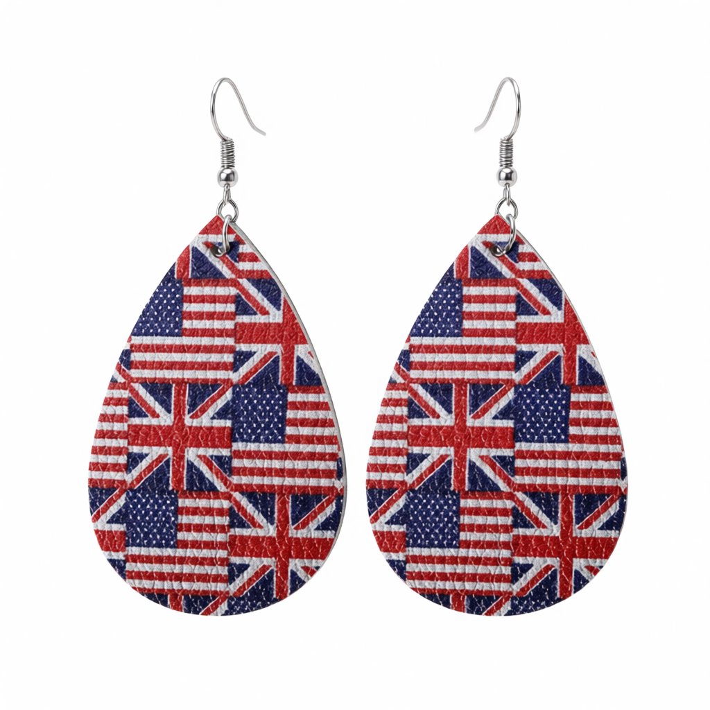 Blue and Red Polystyrene USA and UK Flag Teardrop Drop Earrings, drop earrings for women, vintage-inspired design, side view