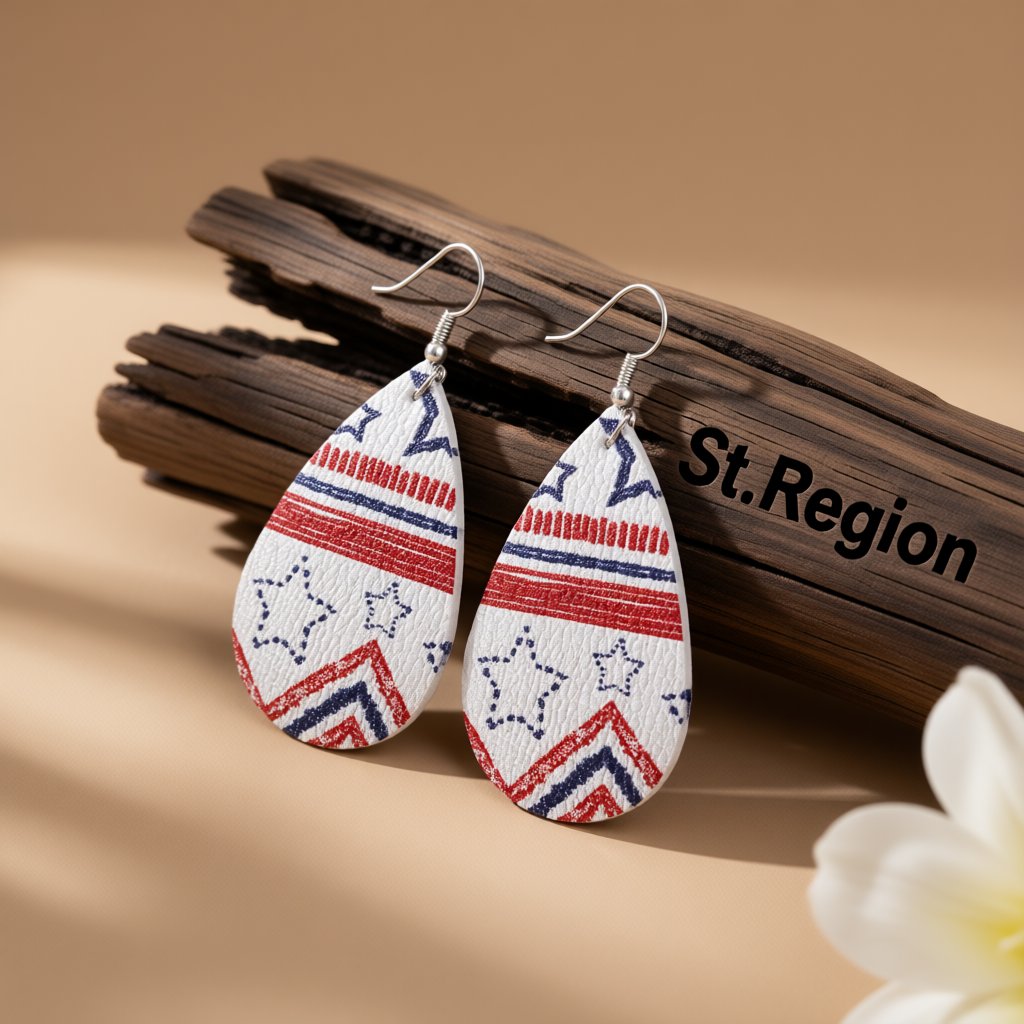 White and Red Polystyrene Geometric Star Teardrop Drop Earrings, drop earrings for women, front view
