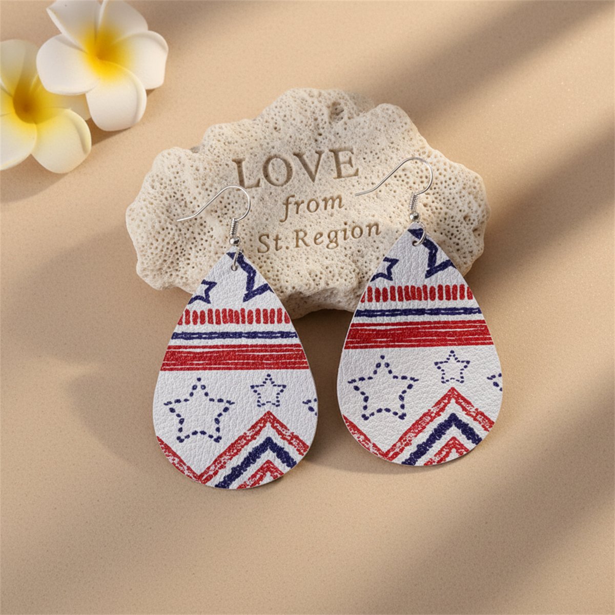 White and Red Polystyrene Geometric Star Teardrop Drop Earrings, drop earrings for women, lifestyle look