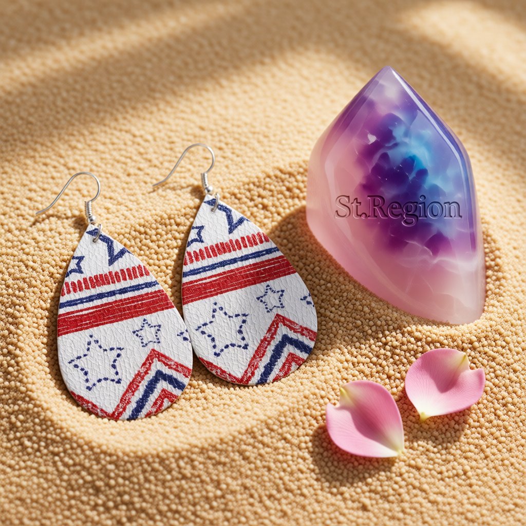 White and Red Polystyrene Geometric Star Teardrop Drop Earrings, drop earrings for women, detail close-up