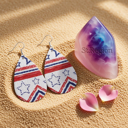 White and Red Polystyrene Geometric Star Teardrop Drop Earrings, drop earrings for women, detail close-up