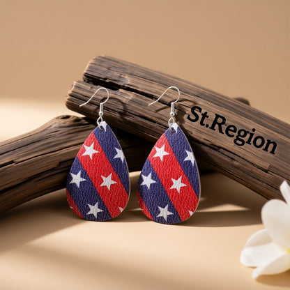 Red and Blue Polystyrene Star Diagonal Stripe Drop Earrings, drop earrings for women, everyday style, front view