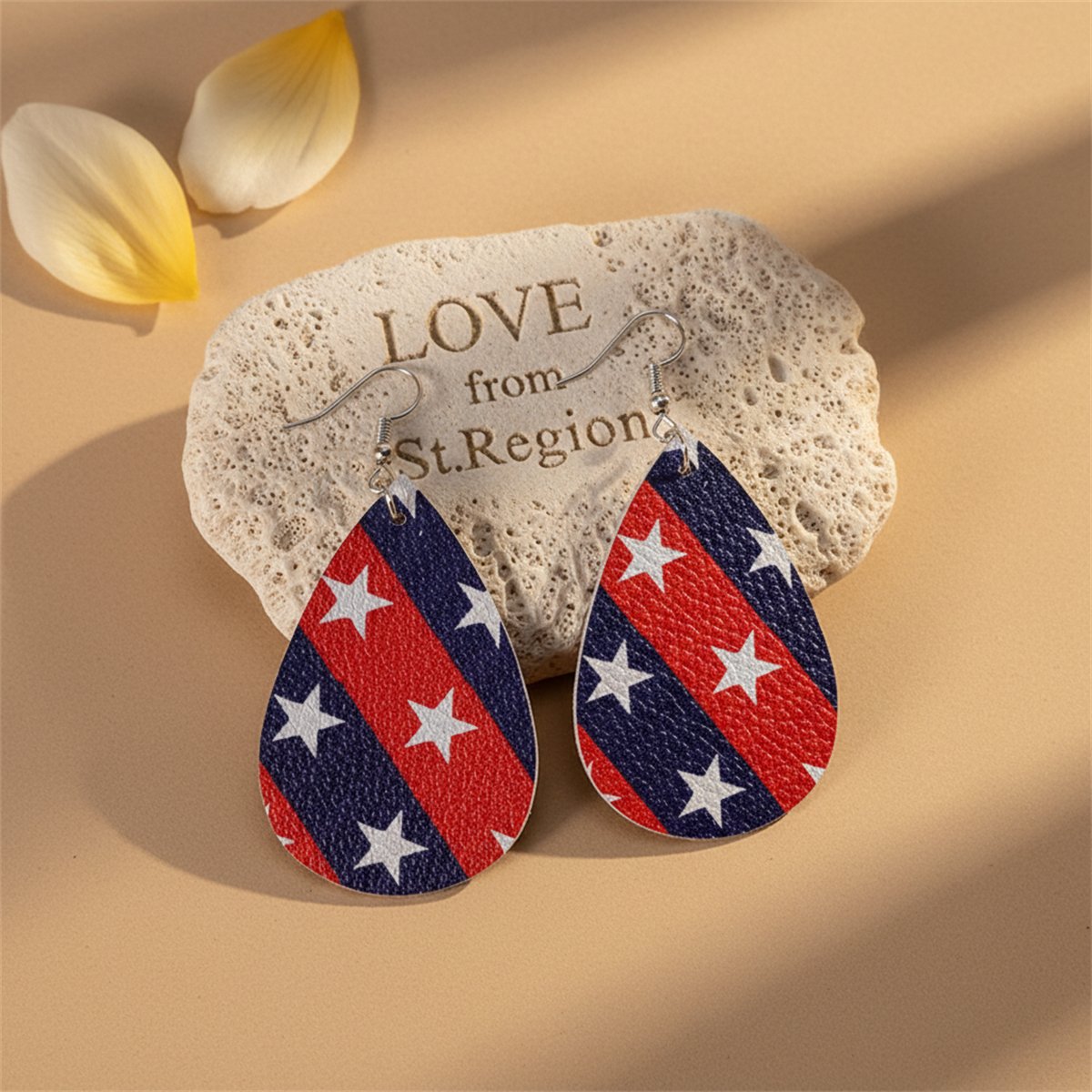Red and Blue Polystyrene Star Diagonal Stripe Drop Earrings, drop earrings for women, everyday style, lifestyle look