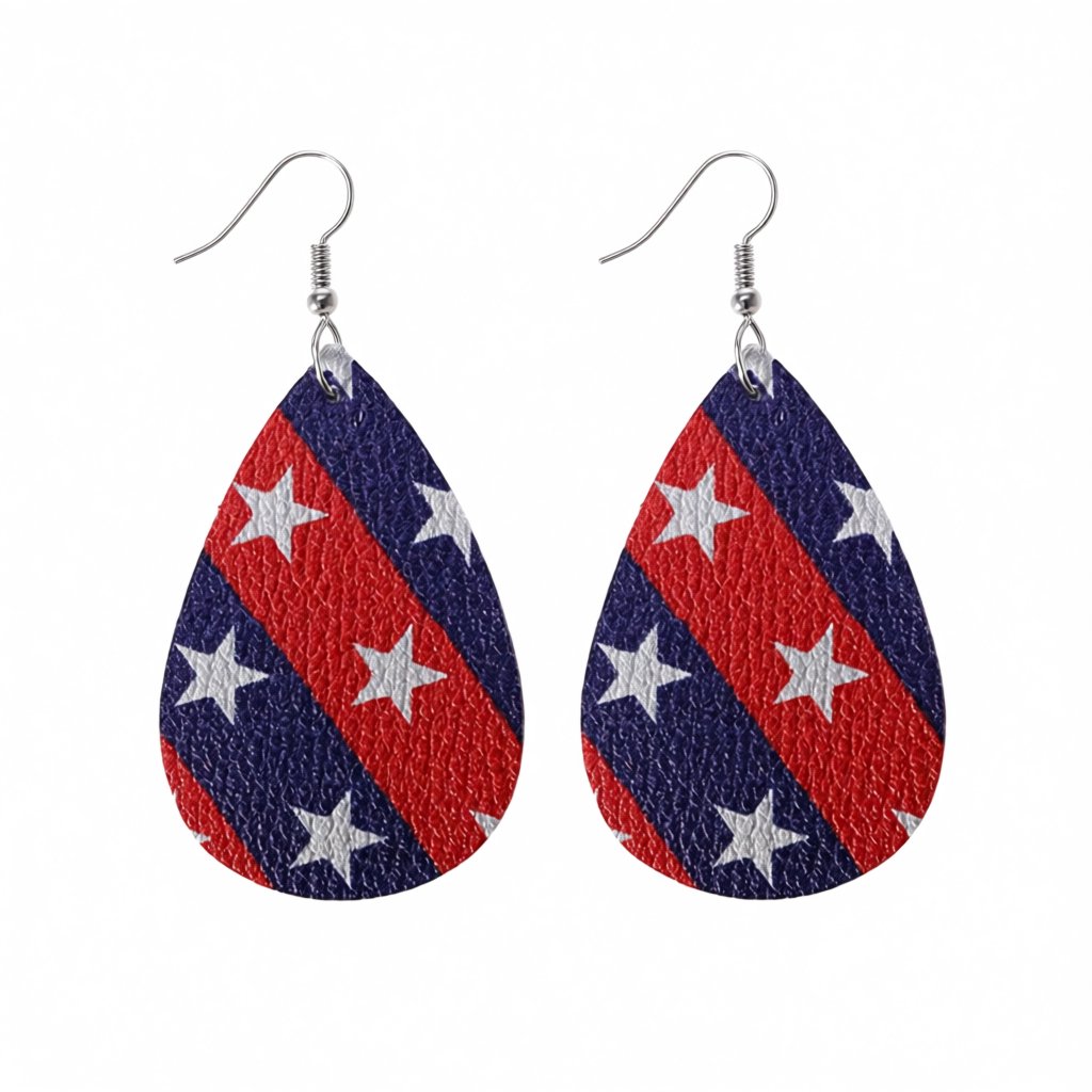 Red and Blue Polystyrene Star Diagonal Stripe Drop Earrings, drop earrings for women, everyday style, side view