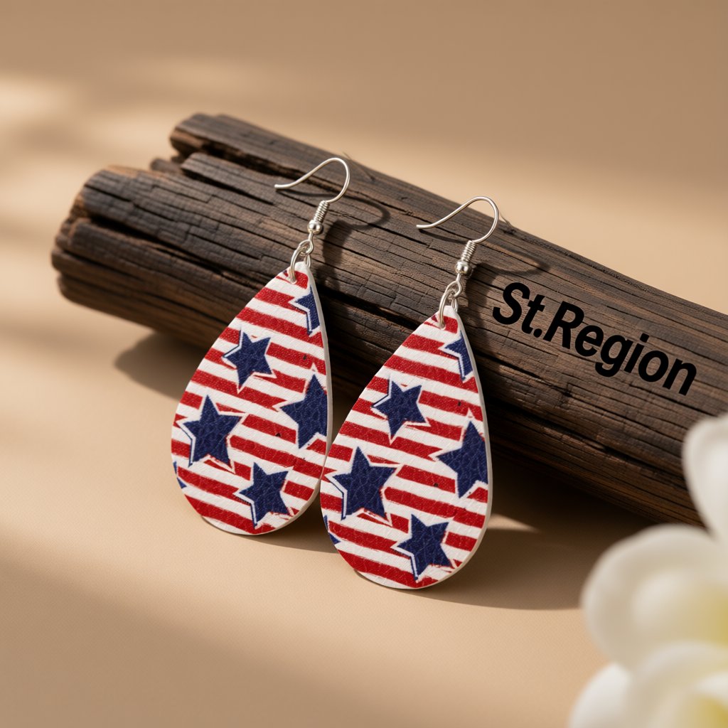 White and Red Polystyrene Starry Stripes Teardrop Drop Earrings, drop earrings for women, front view
