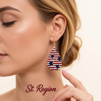 White and Red Polystyrene Starry Stripes Teardrop Drop Earrings, drop earrings for women, styled look