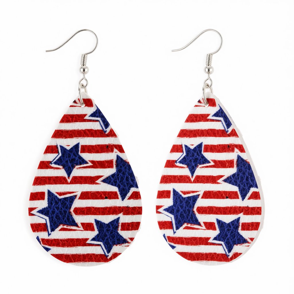 White and Red Polystyrene Starry Stripes Teardrop Drop Earrings, drop earrings for women, side view