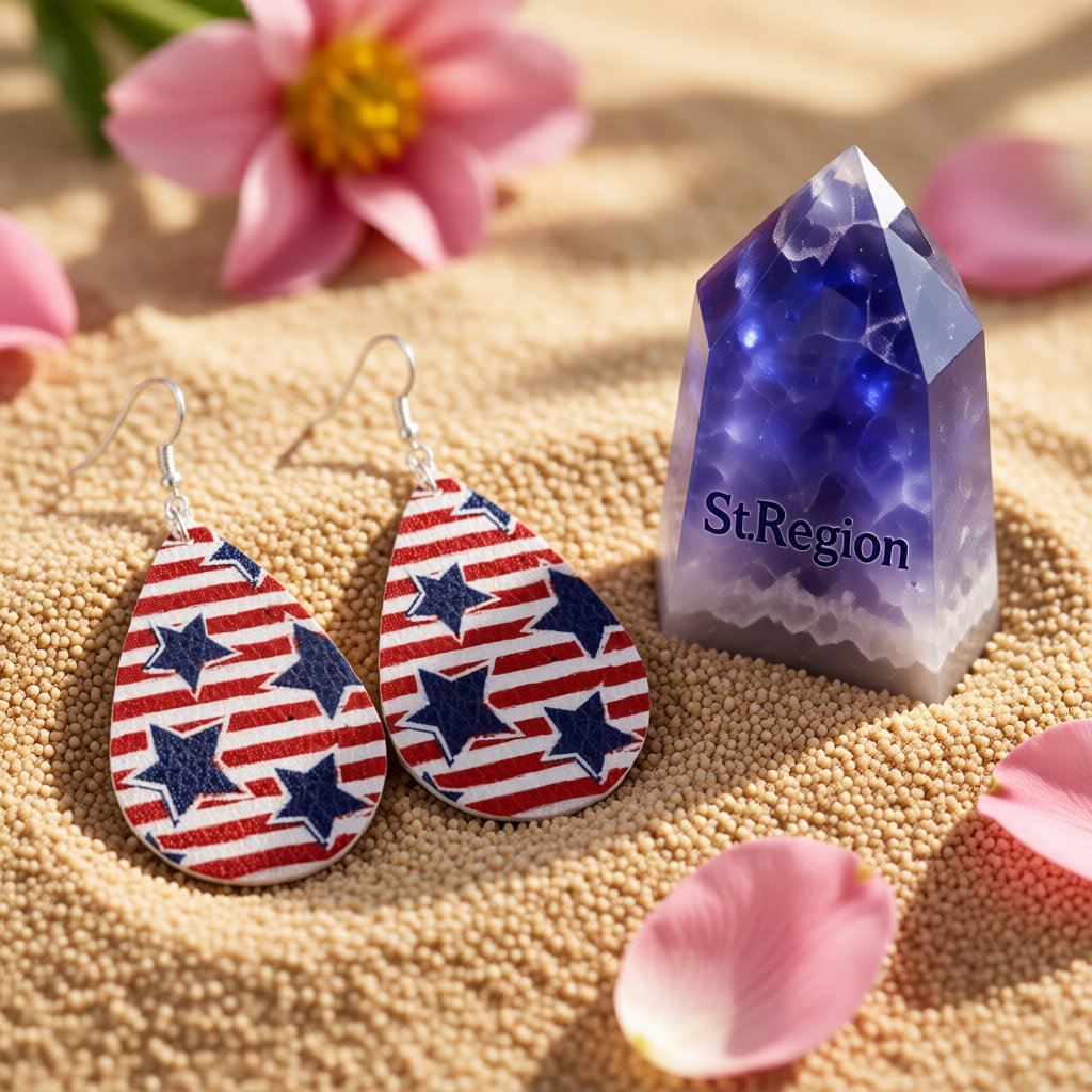 White and Red Polystyrene Starry Stripes Teardrop Drop Earrings, drop earrings for women, detail close-up