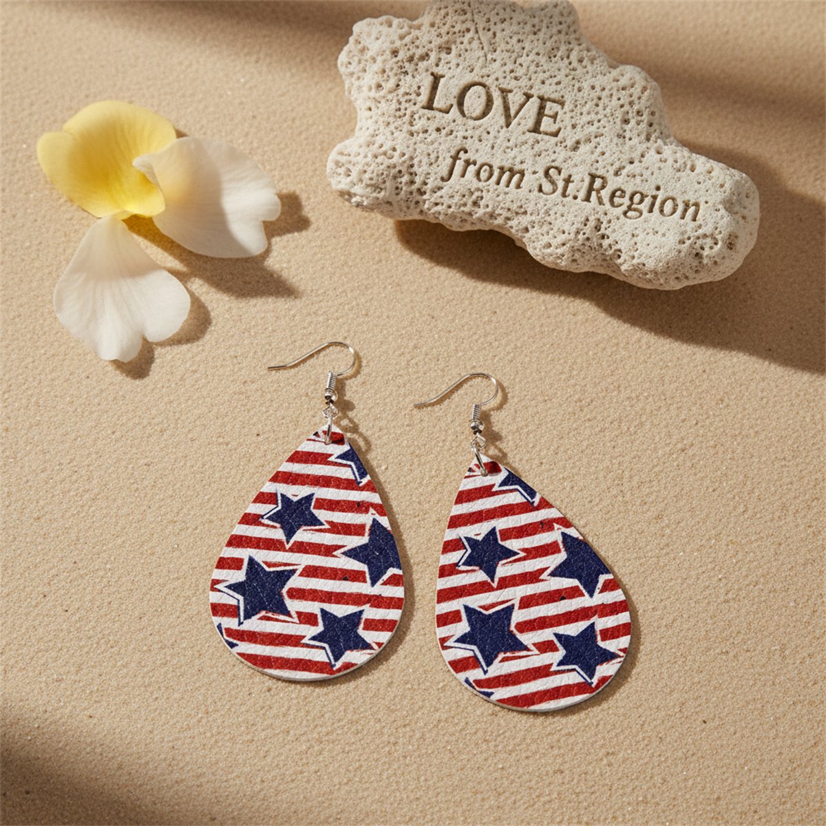 White and Red Polystyrene Starry Stripes Teardrop Drop Earrings, drop earrings for women, lifestyle look