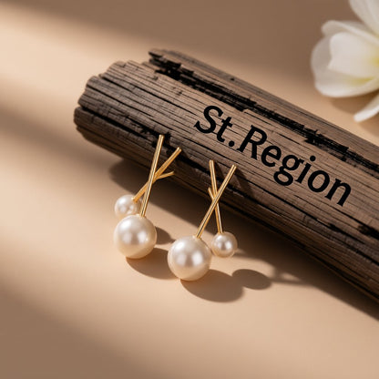 Pearl and 18K Gold-Plated Cross Stud Earrings, gold stud earrings for women, dainty minimalist design, front view