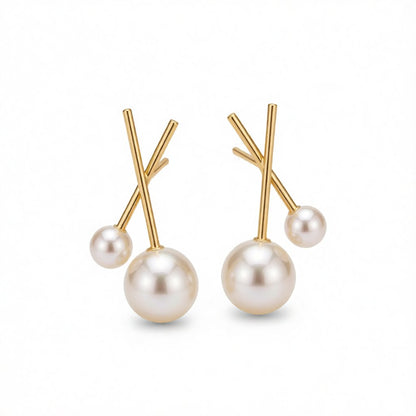 Pearl and 18K Gold-Plated Cross Stud Earrings, gold stud earrings for women, dainty minimalist design, side view