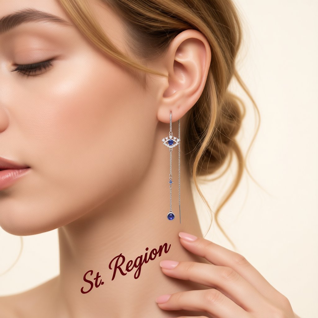 Cubic Zirconia and Crystal Silver-Plated Eye Ear Threaders, botanical inspired, styled look