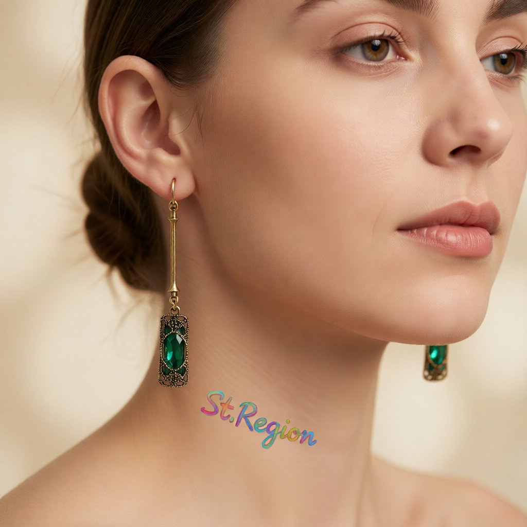 Green Crystal and 18K Gold-Plated Textured Drop Earrings, gold drop earrings for women, botanical inspired, styled look