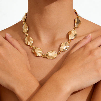 Goldtone Wrinkled Irregular Charm Collar Necklace, everyday style, lifestyle look