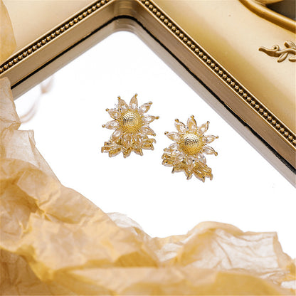 Crystal and 18K Gold-Plated Sunflower Stud Earrings, gold stud earrings for women, everyday style, side view