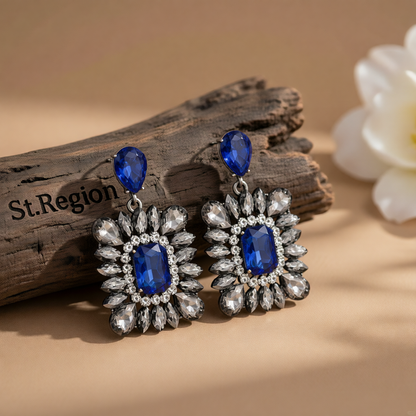 Blue & Cubic Zirconia Rectangle Drop Earrings